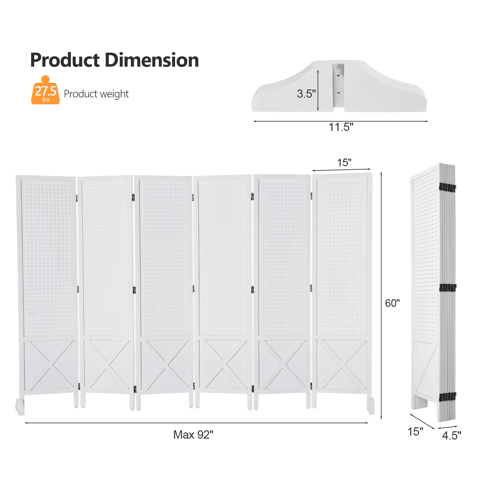 VINGLI Freestanding Pegboard with Support Feet, 5 FT Wood Room Divider Display Board Organizer, Folding Privacy Screen Partition Space Separator for Craft Shows Events Retail (White, 6 Panel)