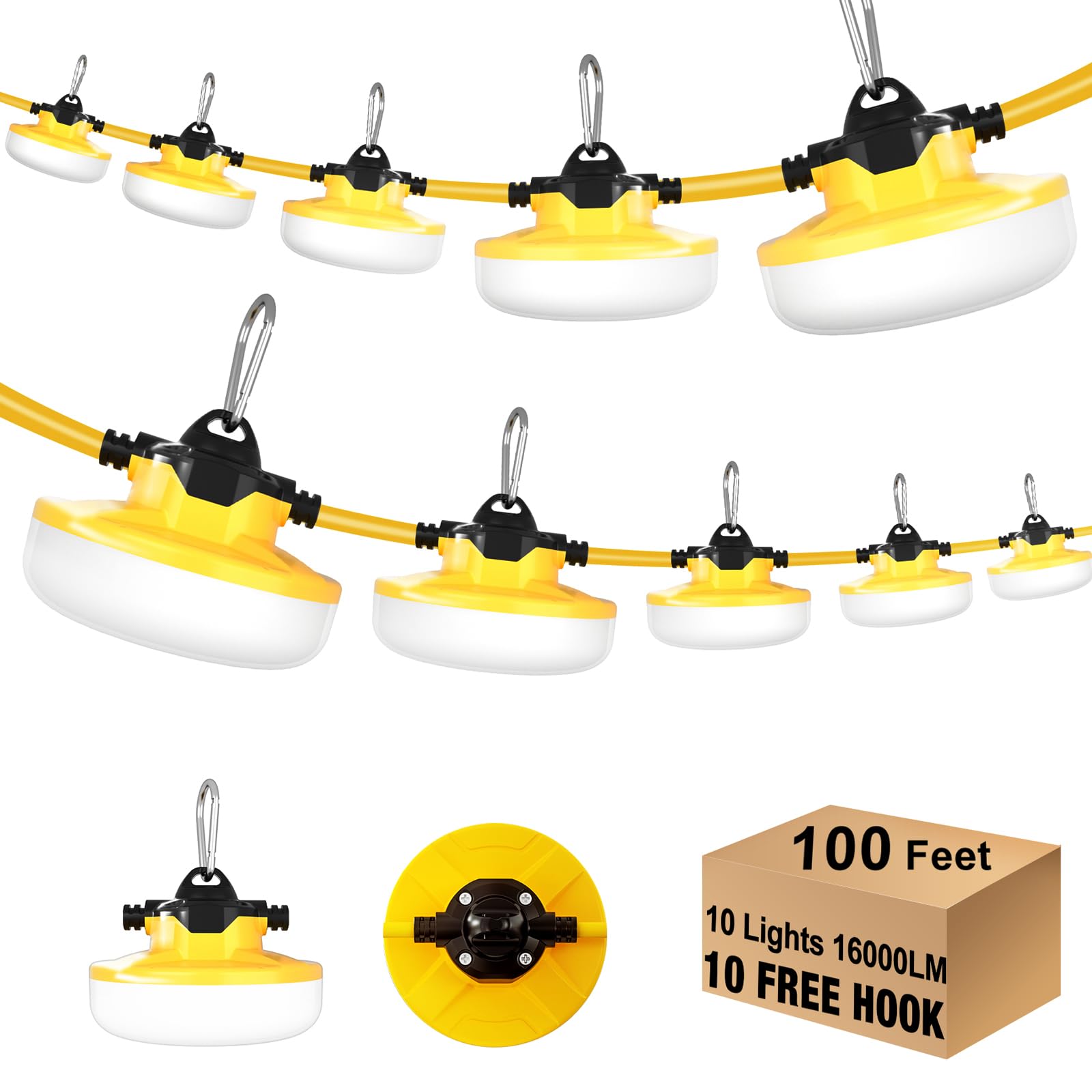 100FT LED Construction String Lights 3 Prong, 130W 16000Lm LED String Work Lights,