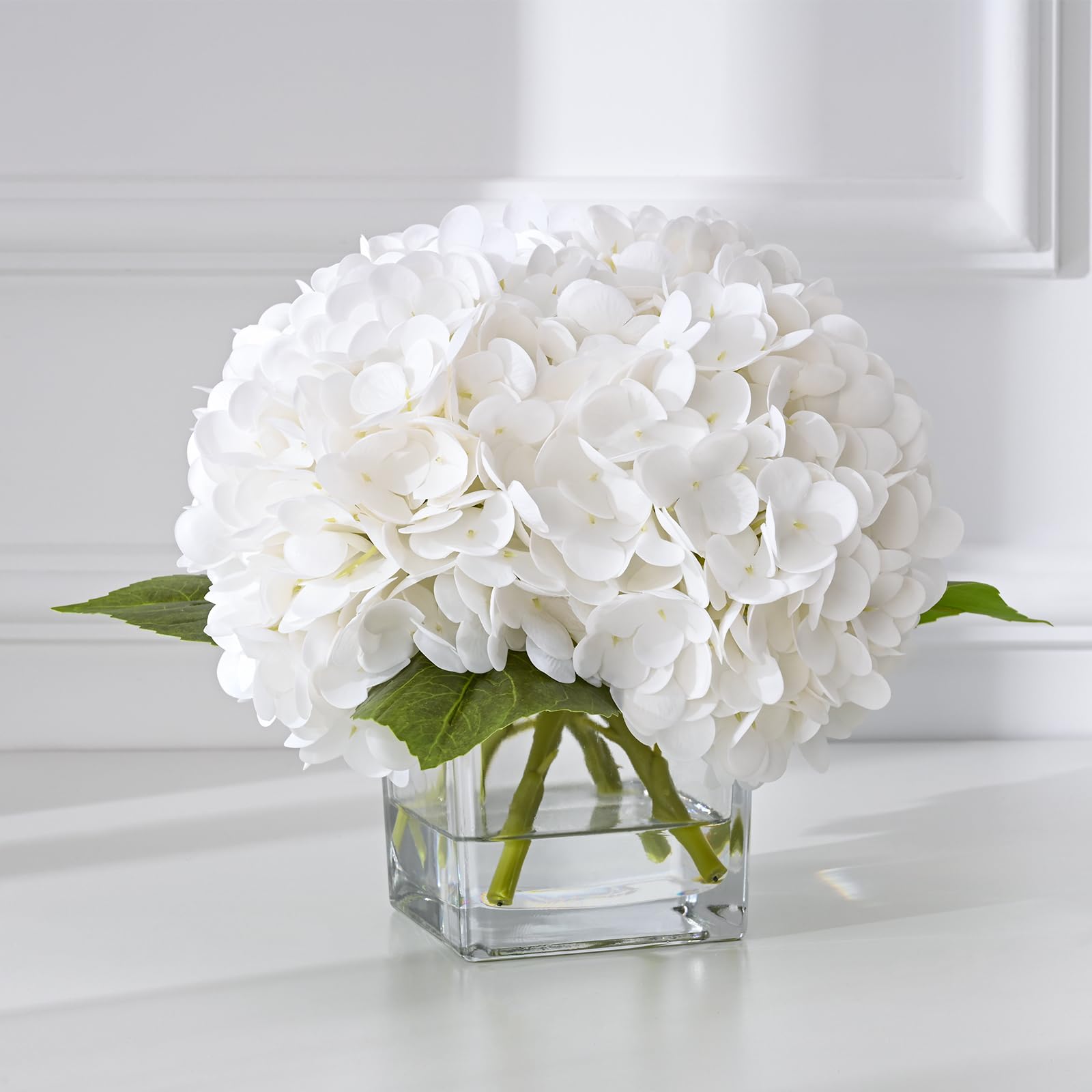 Luxury PU Fake Flowers in Vase with Faux Water, White Real Touch Hydrangea Artificial