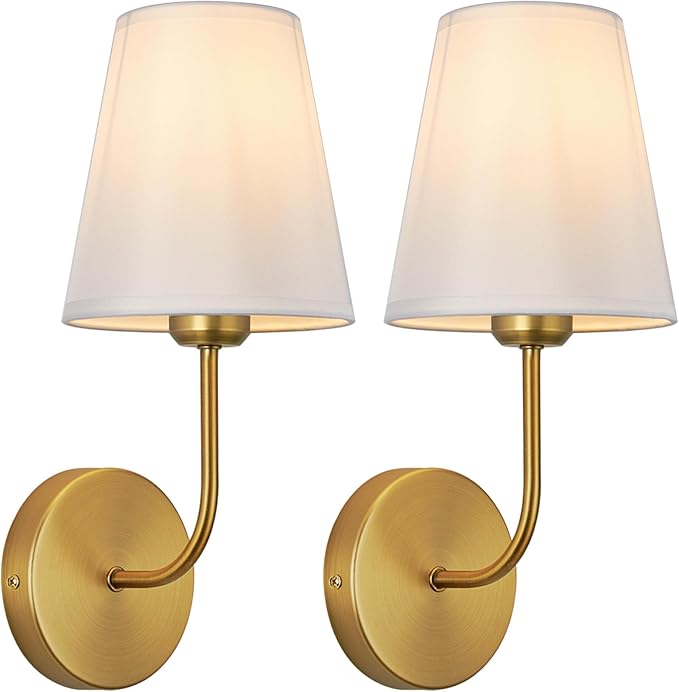 Hardwired Wall Sconce Set of 2 – Matte Black Finish with White Fabric Shades