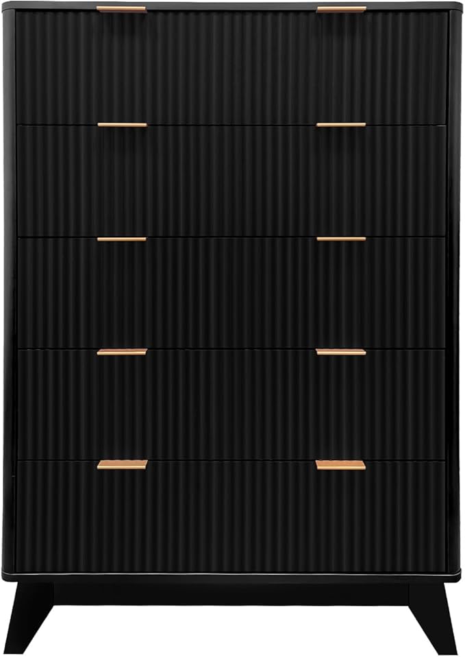 Tall Dresser, Wood Chest of Drawers, 5 Drawer Waveform Fluted Panel Dresser
