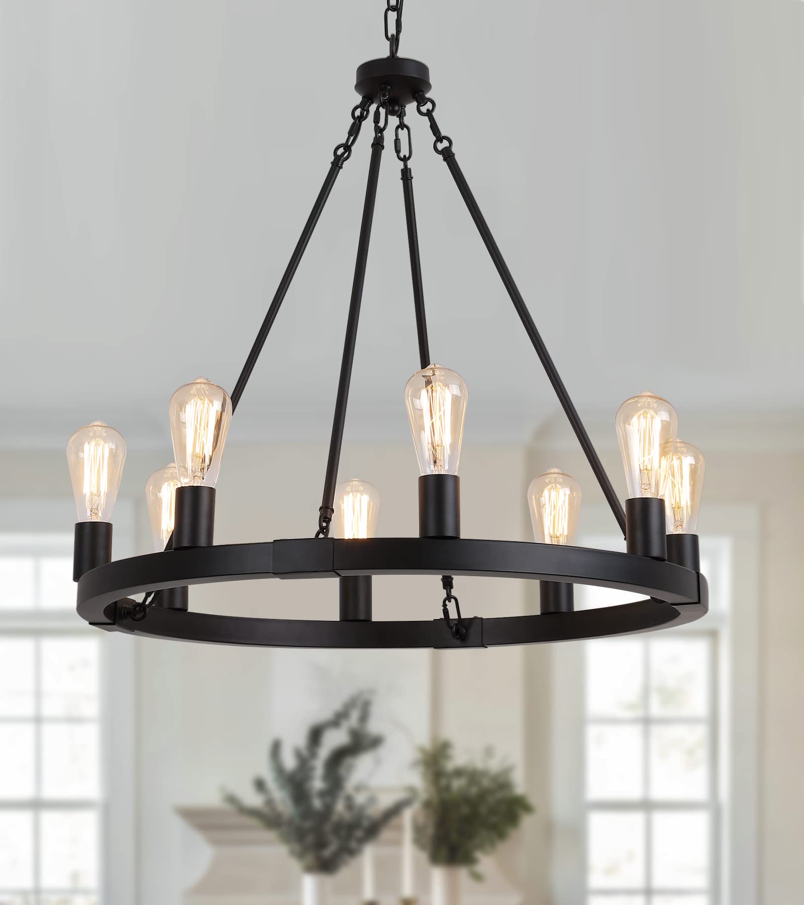 Farmhouse 8-Lights Black Industrial Wagon Wheel Chandelier Light Fixture for Foyer