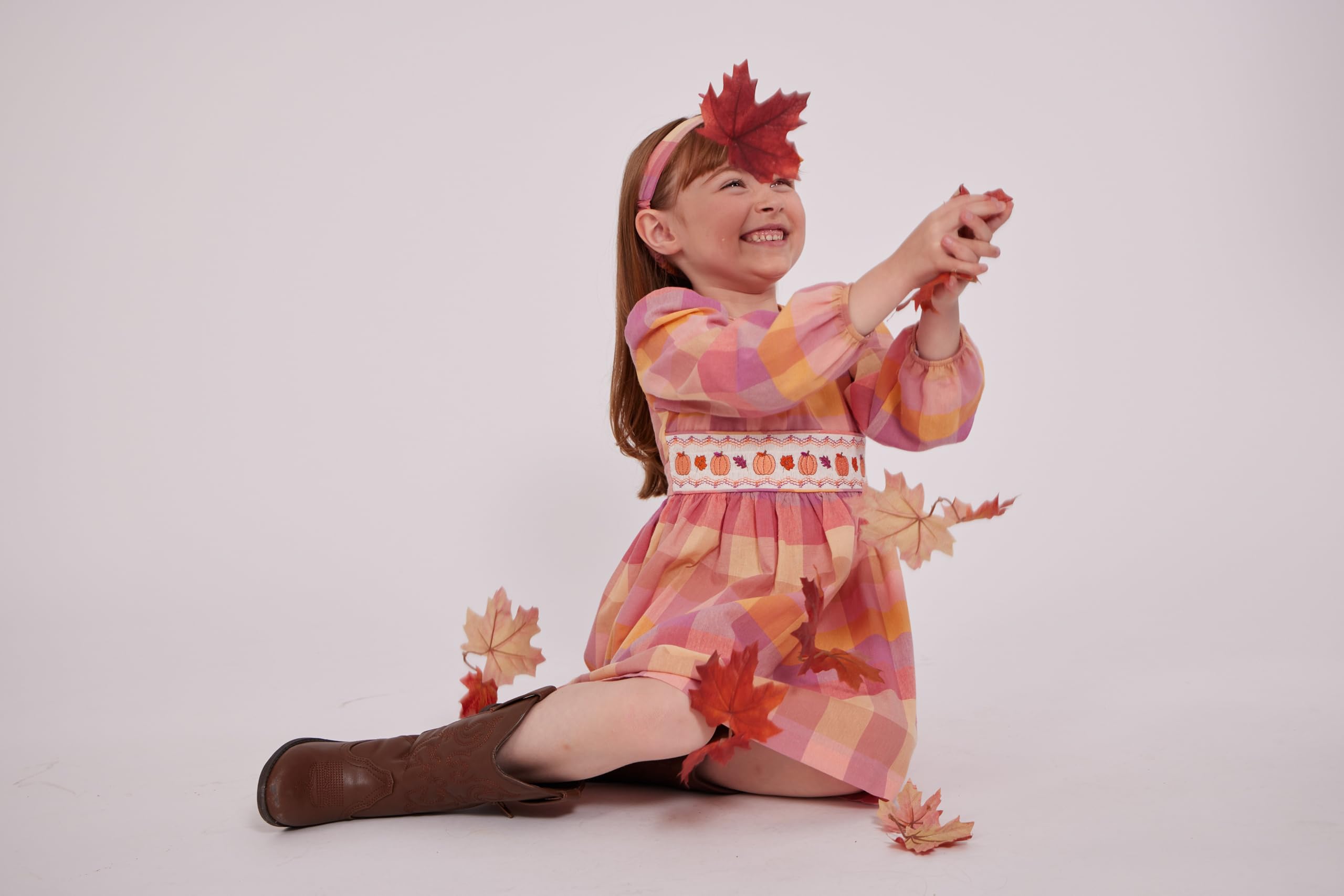 Thanksgiving Dress - Buffalo Check Pumpkin Smocked Dress with Headband for Baby