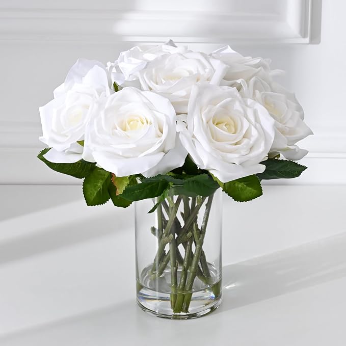 Luxury PU Fake Flowers in Vase with Faux Water, White Real Touch Hydrangea Artificial