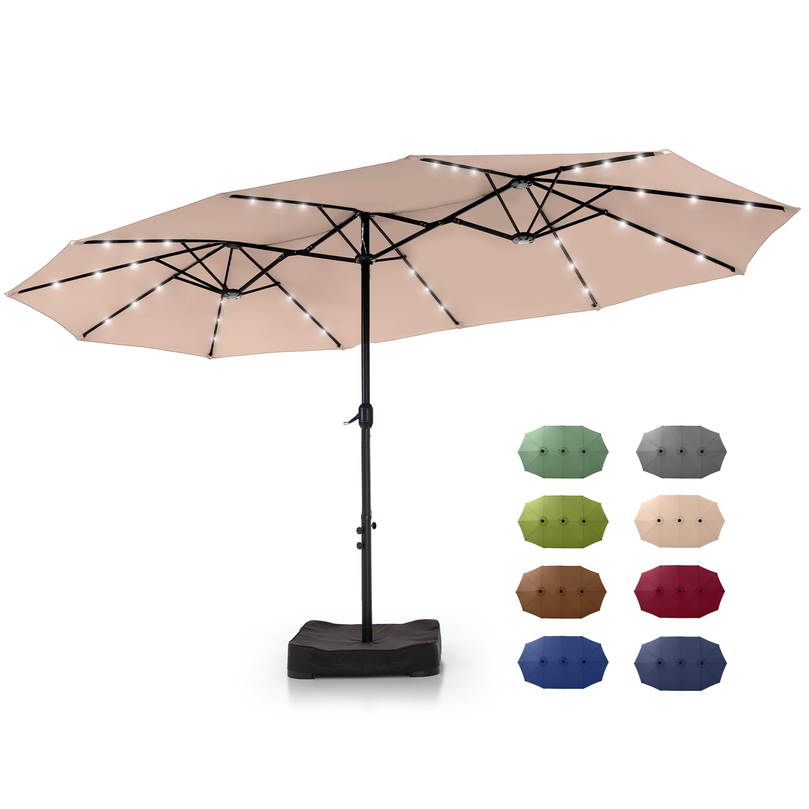 15 ft Rectangle Patio Umbrella with Solar Lights and Base Included