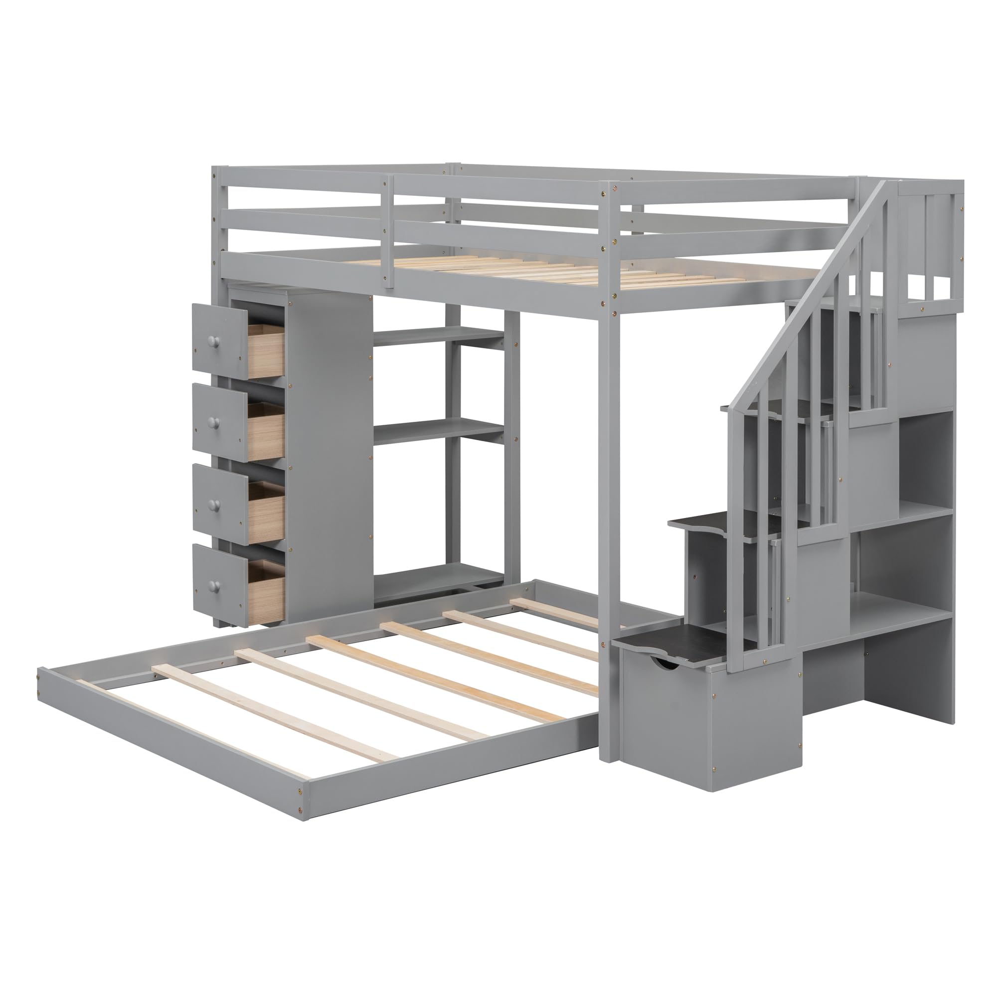 Twin Over Full Bunk Bed with 3-Layer Shelves,Wood L-Shape High Loftbed Frame