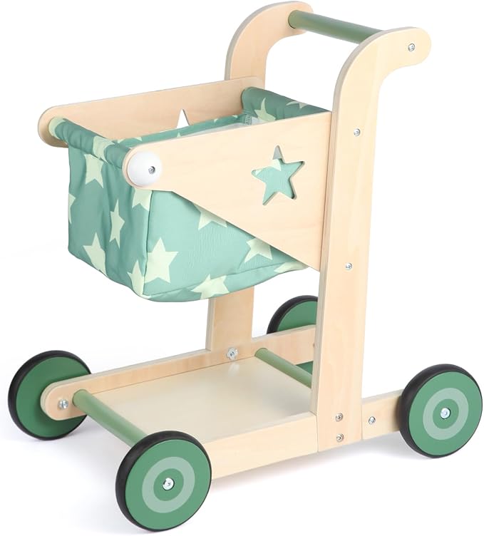 2 in 1 Wooden Baby Walker Push and Pull Doll Stroller, Shopping Cart Learning Walker