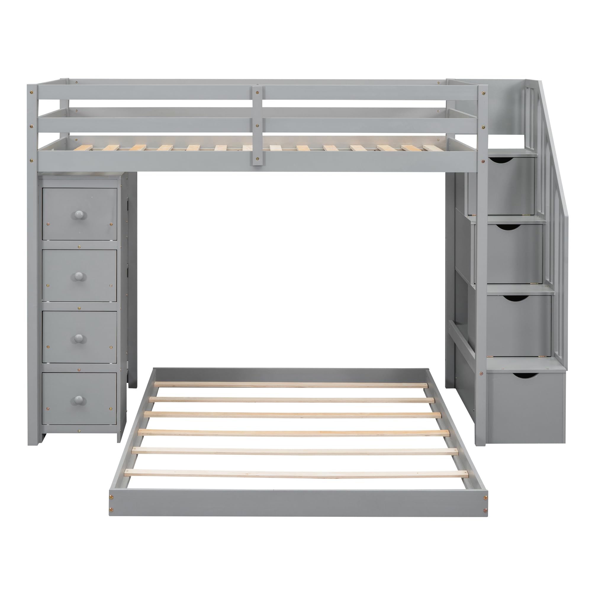 Twin Over Full Bunk Bed with 3-Layer Shelves,Wood L-Shape High Loftbed Frame