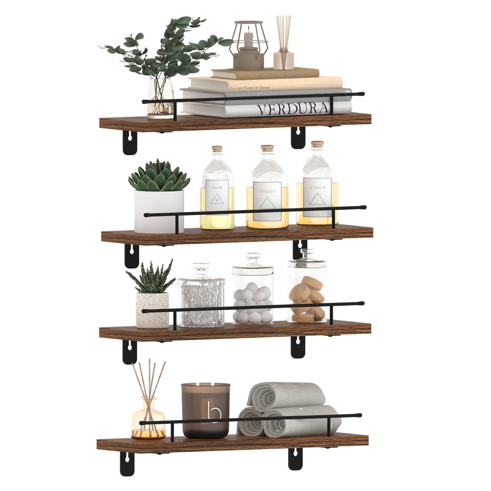 CRUGLA Floating Shelves Wall Set of 4, Hanging Storage Wall Shelf with Metal Guardrail for Bathroom, Kitchen, Bedroom, Living Room