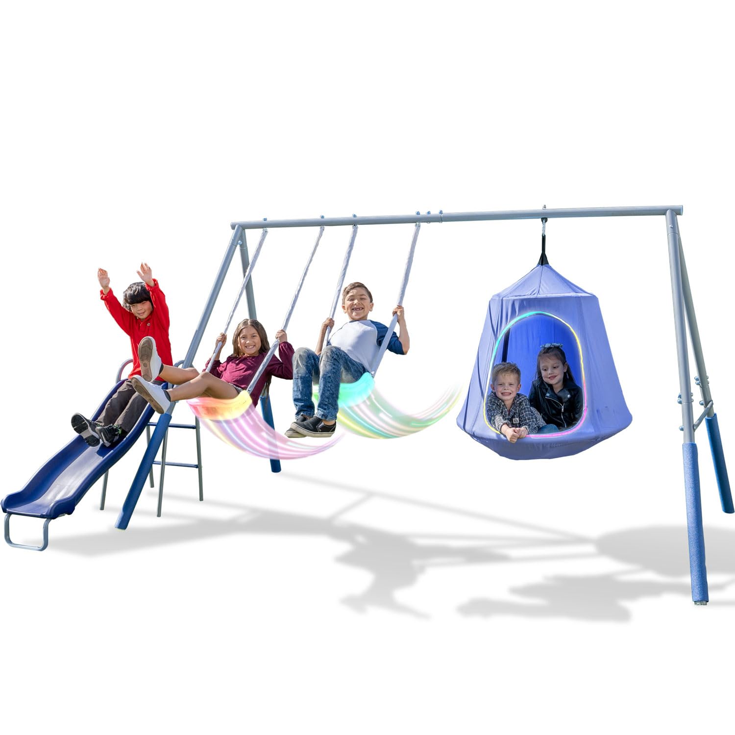 Shooting Star Metal Swing Set w/ 2 LED Swings, Padded Saucer Swing with LED Light