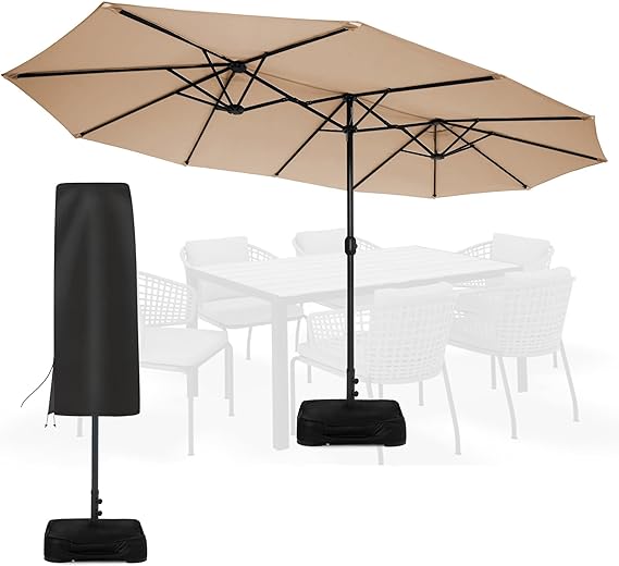 15 ft Patio Umbrella with Sand Bag Base and Cover, Large Outdoor Double-Sided Umbrella