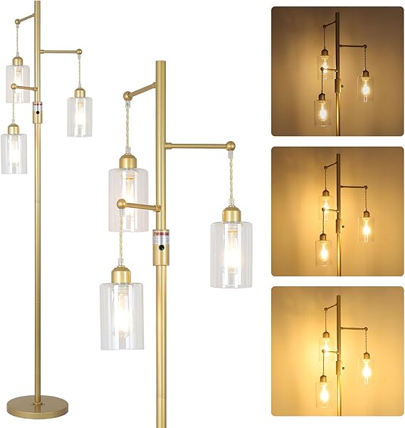 Floor Lamp with On/Off Dimmable Switch, 3-Head Rustic Tree Standing Lamp