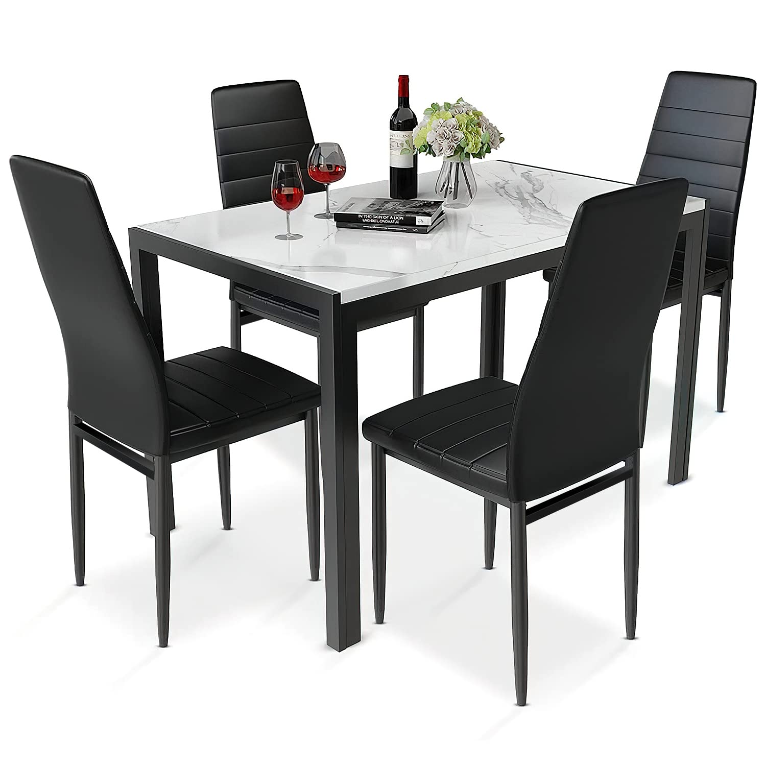 Furniture 5 Piece Faux Dining Set, Modern Kitchen Table Marble Top and High Chairs