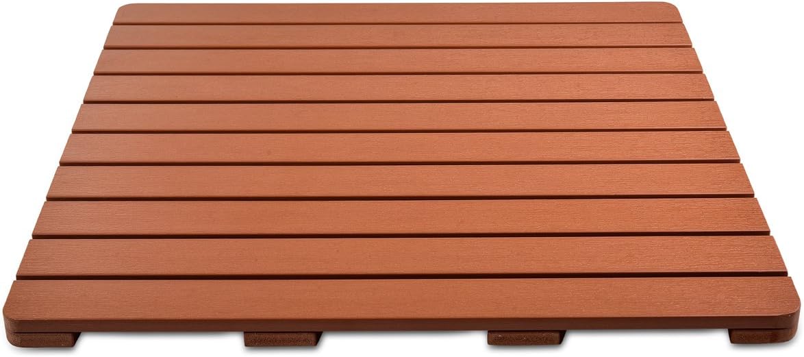 Heavy Duty Large PS Wood Shower Mat - Non-Slip Bath Floor Mat with Drain Hole