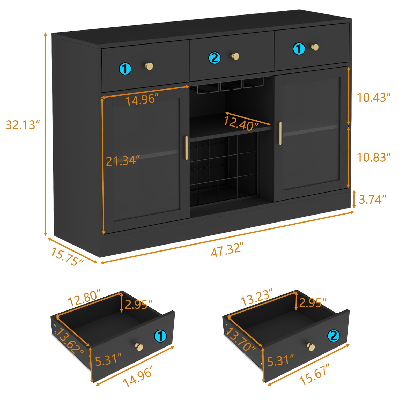 Auromie Wine Bar Cabinet with LED Light, Home Coffee Cabinet with Wine and Glass Rack, Kitchen Buffet Sideboard with Storage Cabinet&Drawers, Modern Liquor Cabinet for Living Room Dining Room (Black.)