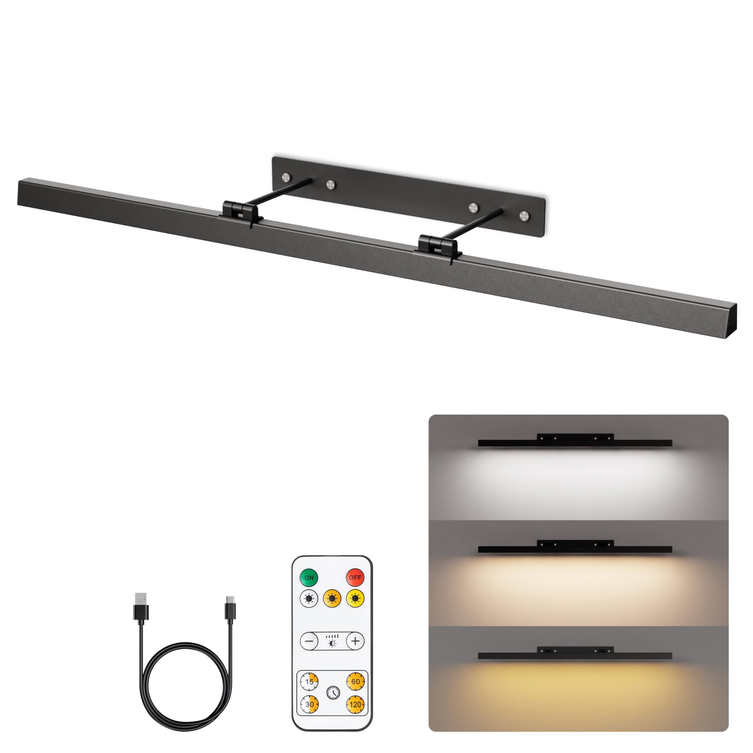 Battery Operated Wireless Picture Light，Rechargeable 39.4inch Painting Display Light,Remote Control Wall Lights with Three Modes and Timing for Art Frame
