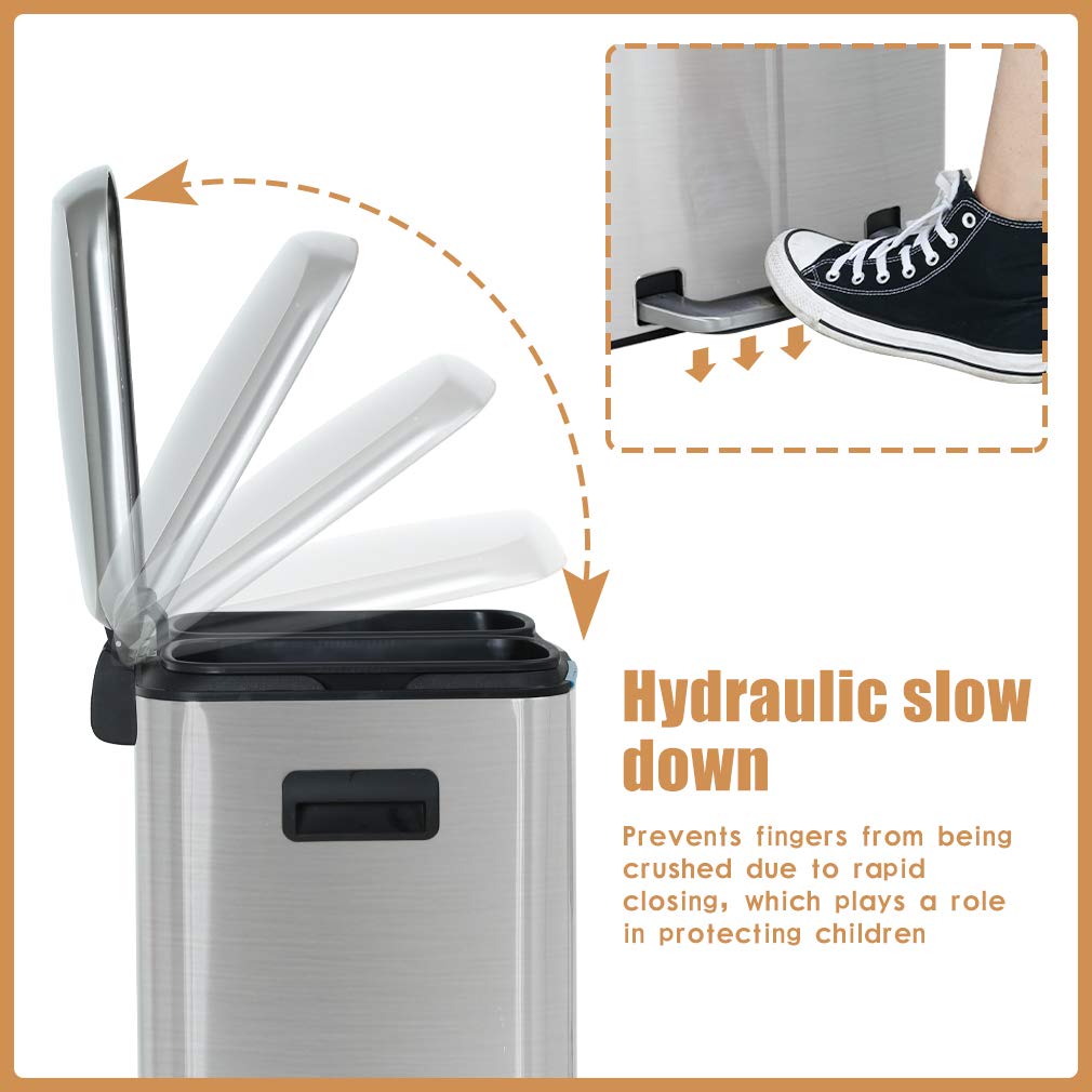Kitchen Trash Can with Lid for Office Bedroom Bathroom Step Trash Bin Fingerprint-Proof Brushed Stainless Steel Trash Can 10 Gallon/ 40L