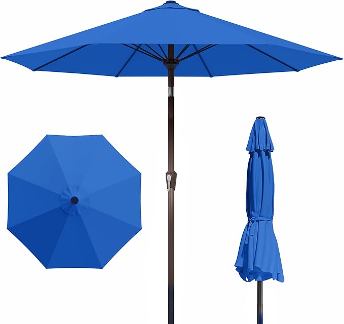 9FT Patio Umbrella Outdoor with Auto-Tilt Crank & 8 Sturdy Fiberglass Ribs