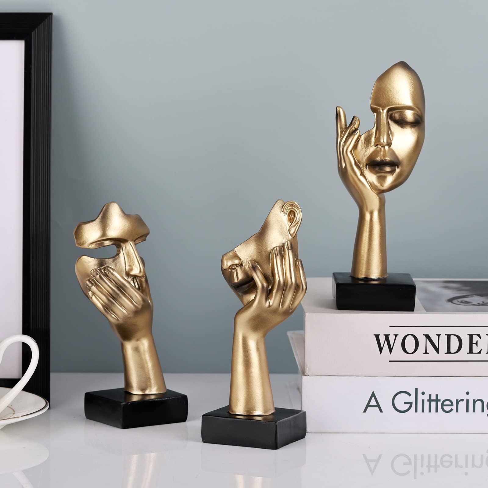 3 Pcs Thinker Small Statue Set - Black Gold Abstract Art Figurines Home Living Room