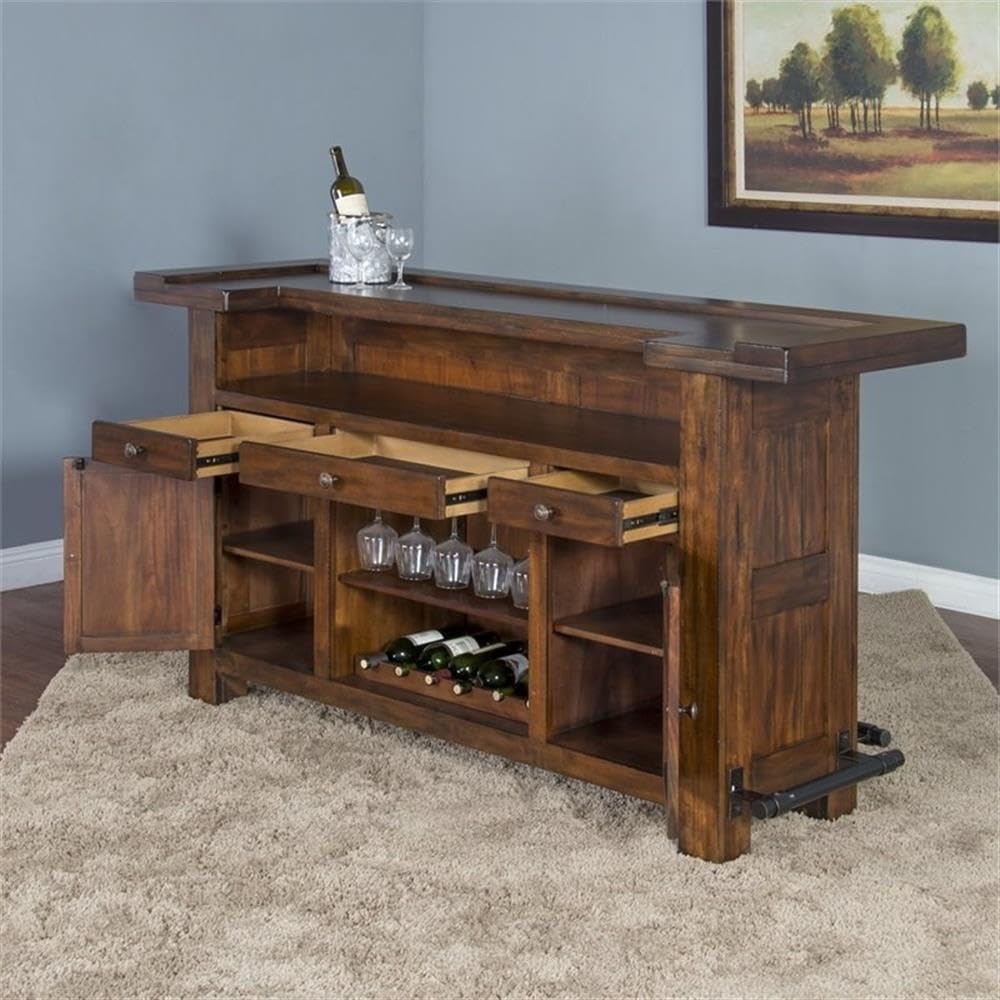 Wood Home Bar with 2 Shelves and 3 Drawers in Brown (43" H x 78" W x 24" D) for Home