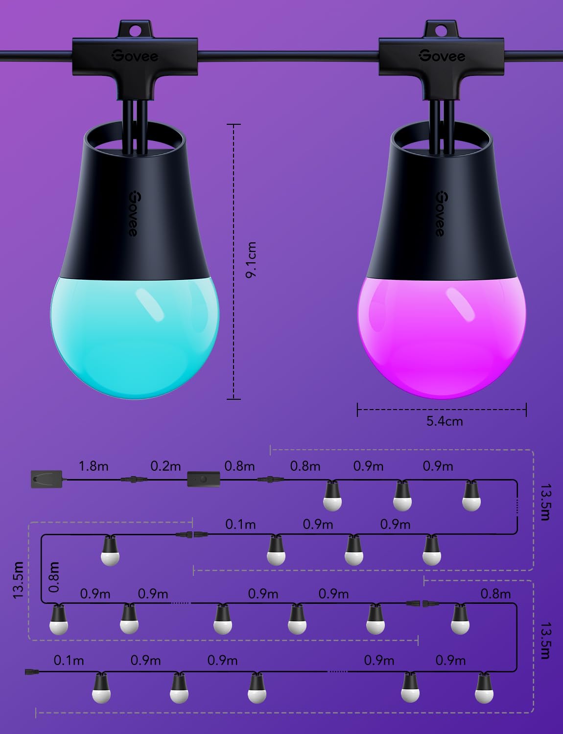Smart Outdoor String Lights 2, 144ft Outdoor Lights with Dimmable Warm White LED Bulbs