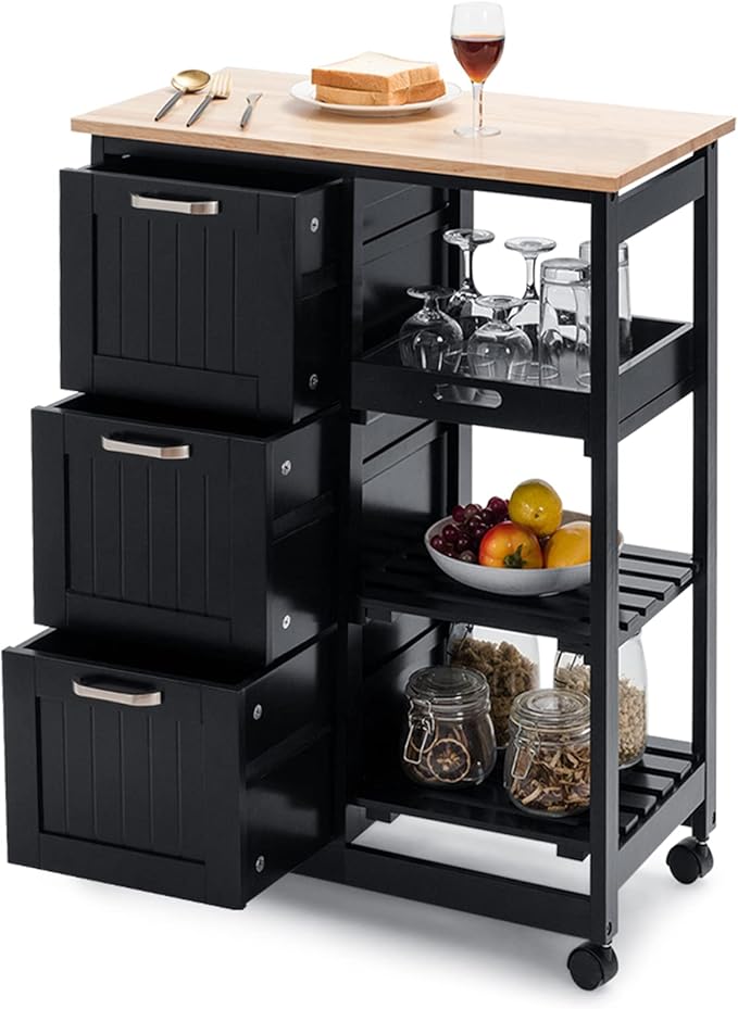 Kitchen Island Cart, Home Bar Serving Cart, Kitchen Trolley with 3 Large Drawers