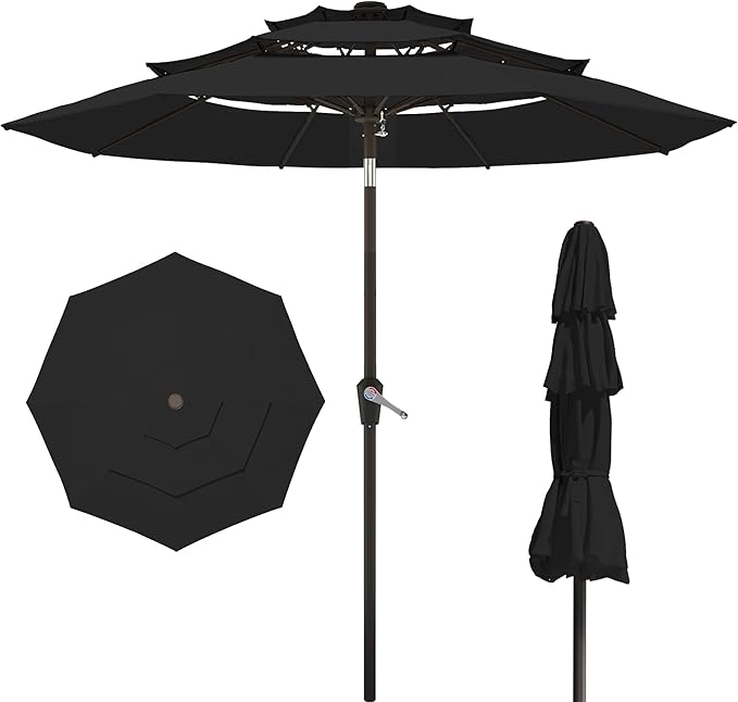 9FT 3 Tiers Patio Umbrella,Outdoor Table Market Umbrella with 8 Fiberglass Ribs for Pool