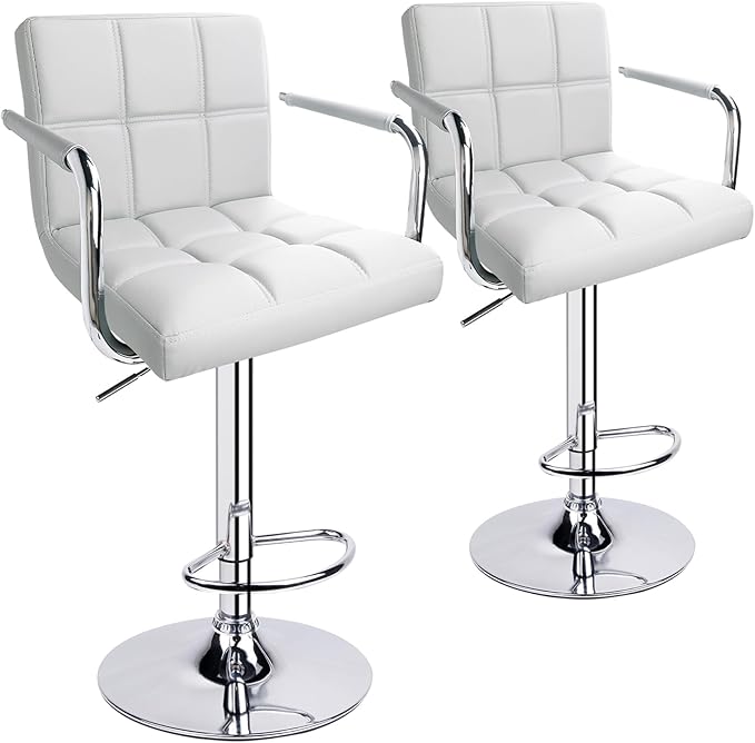 Adjustable Bar Stools with Armrest, Square Back Swivel Double Stitching