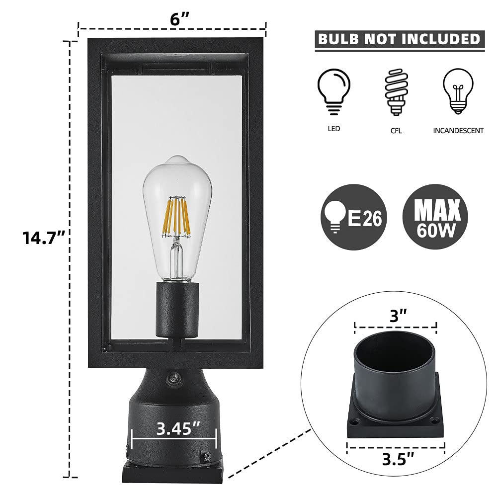 Windben Large 15 inch Dusk to Dawn Outdoor Post Light,Waterproof Cast Aluminium Lamp Post Light Fixture,Post Lantern with Pier Mount Base,Matte Black,Suitable for Garden,Yard,Driveway,etc