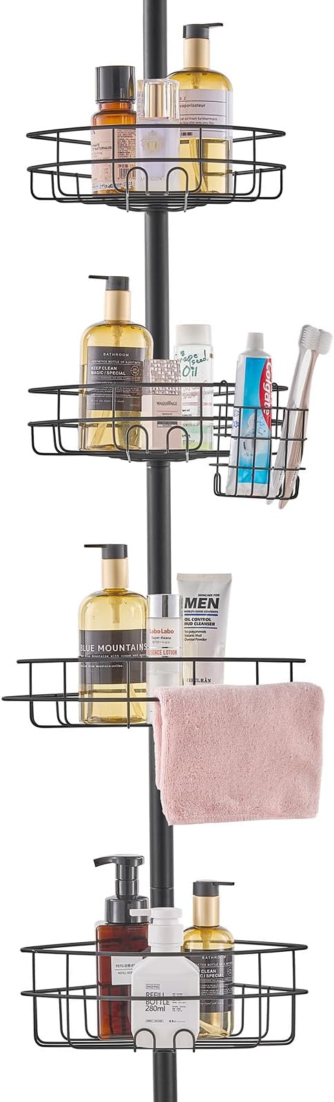 Shower Corner Caddy Tension Pole, 56" to 114" High, Multi-Functional Shower Tension Pole with Strong Load-Bearing Tray, Rust-Proof Easy-to-Install, Fit for Bathroom & Washroom