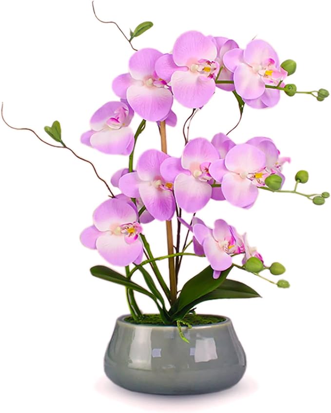 White Orchid Artificial Flowers with Gray Vase Fake Faux Silk Phalaenopsis Arrangement