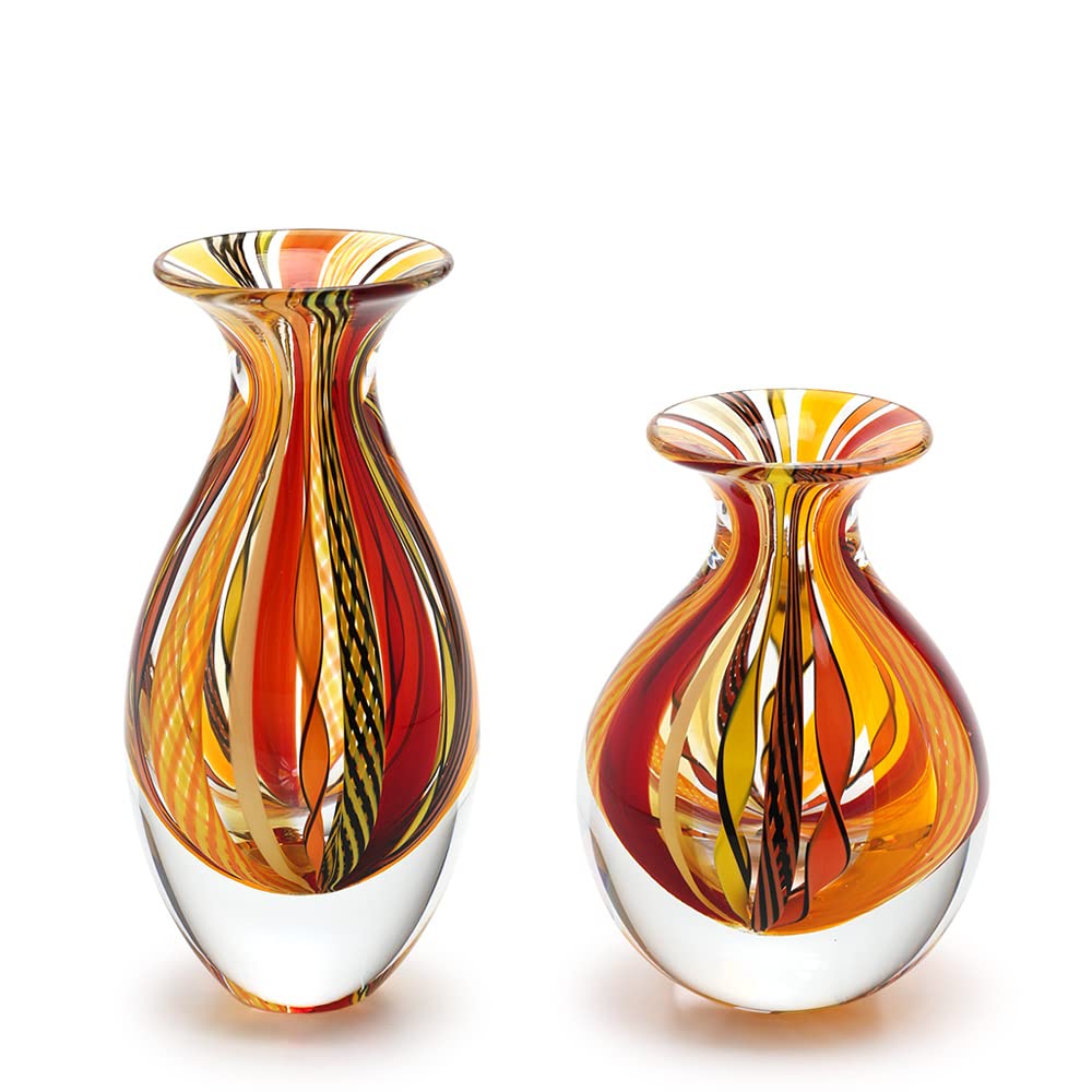 Glass Vases Boho with Red/Yellow Canes Hand Blown Murano-Style Art Glass
