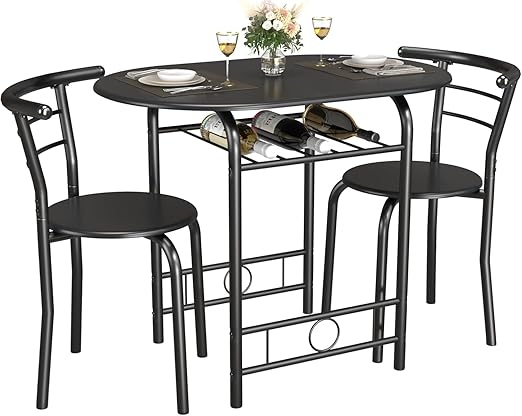 3-Piece Wooden Round Table & Chair Set, Space Saving Kitchen Breakfast Nook Wood
