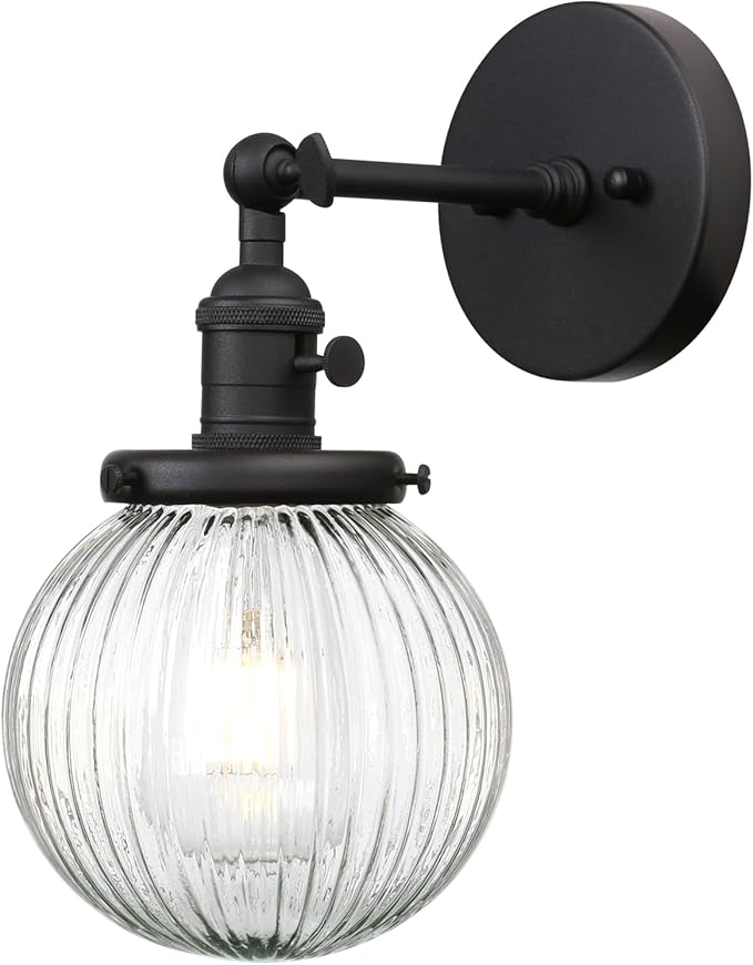 Vintage Industrial Wall Sconce Lighting Fixture with Mini 5.9" Round Clear Globe Ribbed