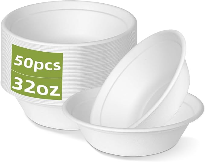 100 Pack 32 oz Paper Disposable Compostable Bowls Heavy Duty White