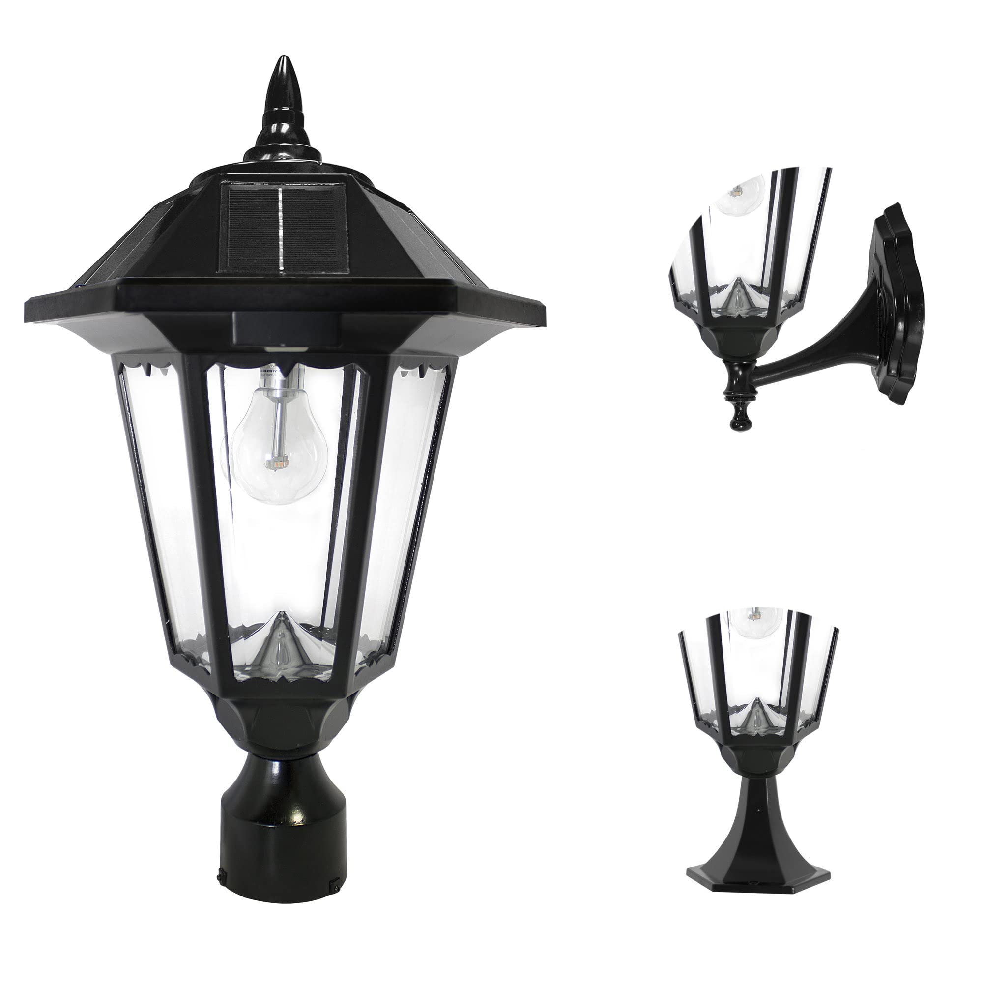 Black Solar Outdoor Post Light, Windsor Bulb, Cast Aluminum, 1-Light with