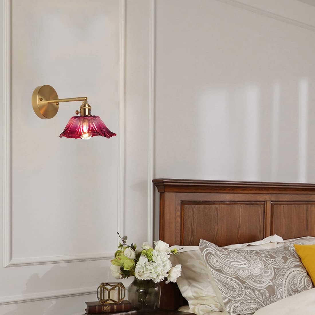 Wlmehujj Wall Lights with Switch, Glass Shade Vintage Modern Adjustable Arm Wall Sconces Lighting E27 Single Head Industrial Brass Wall Lamps for Bedroom Living Room Hallway Loft Study (Style B)