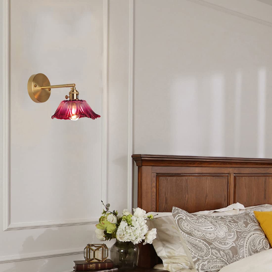 Wlmehujj Wall Lights with Switch, Glass Shade Vintage Modern Adjustable Arm Wall Sconces Lighting E27 Single Head Industrial Brass Wall Lamps for Bedroom Living Room Hallway Loft Study (Style B)