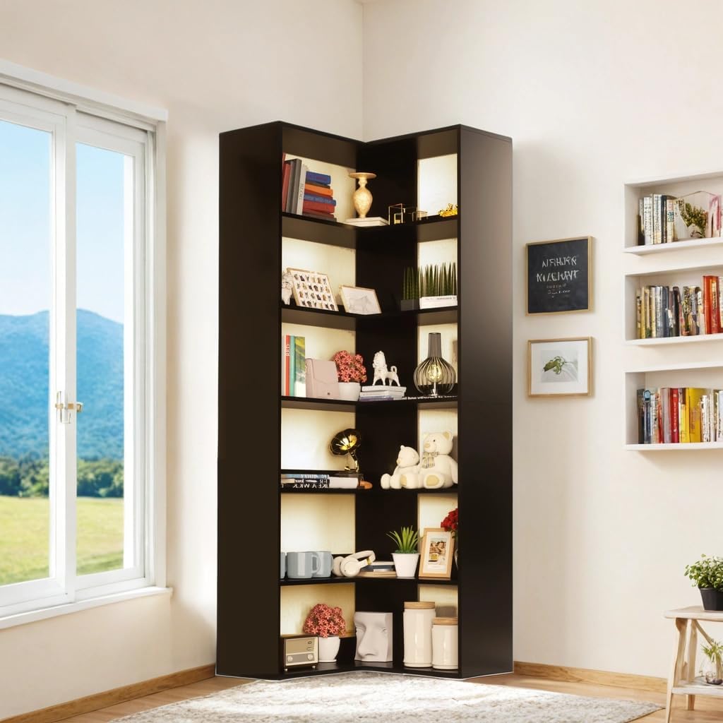 71" Tall Black Corner Bookshelf, 6 Tier L-Shape Corner Shelf Stand