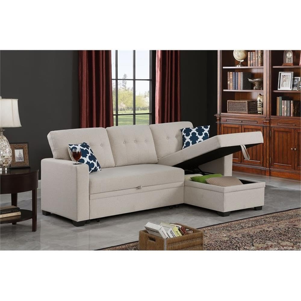 Reversible Fabric Sleeper Sofa Bed & Chaise with Cup Holder-Beige
