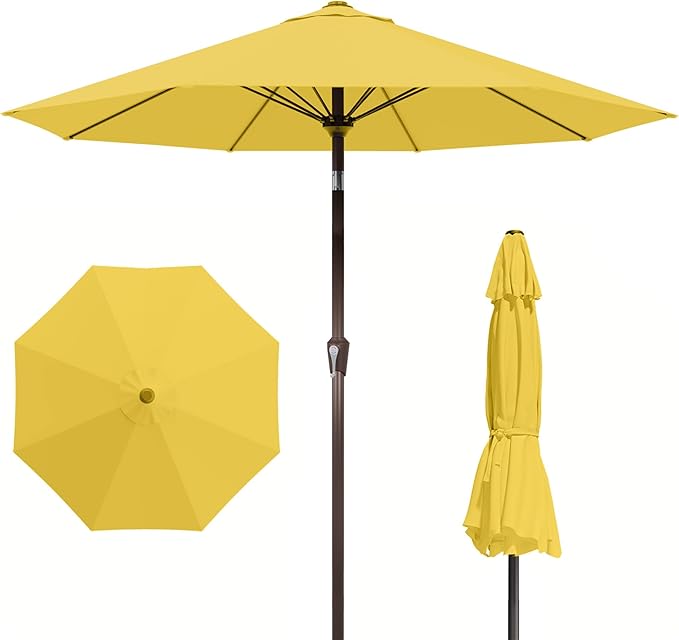 9FT Patio Umbrella Outdoor with Auto-Tilt Crank & 8 Sturdy Fiberglass Ribs