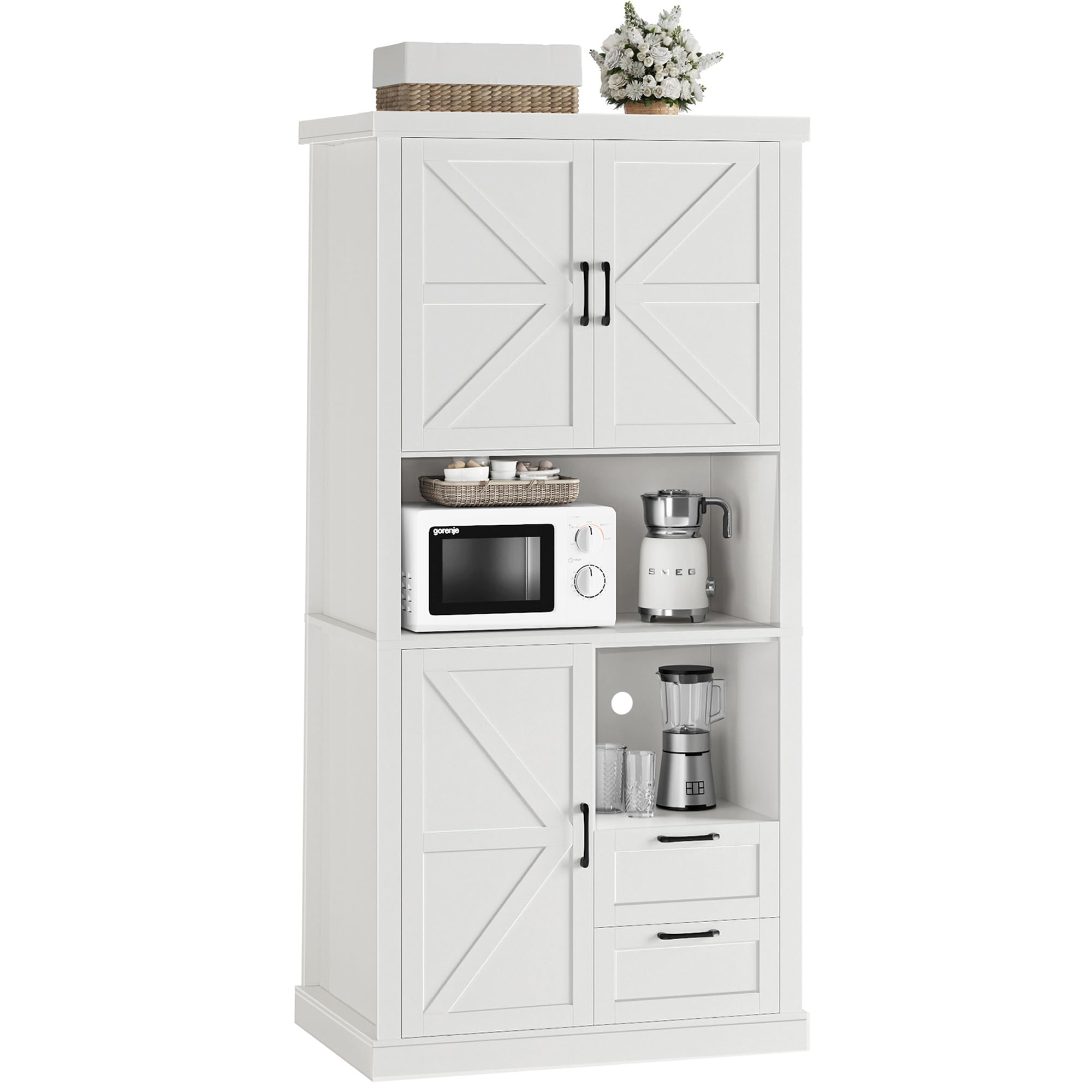 76" Tall Farmhouse Kitchen Pantry Cabinet, Kitchen Hutch Bar Cabinet with Drawers