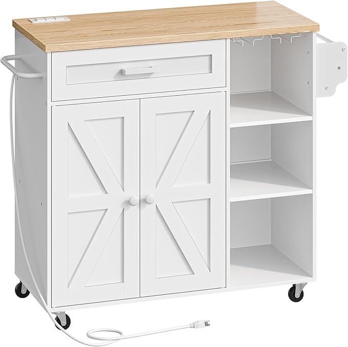 Kitchen Island Trolley with Power Outlet, Spice Rack, Rolling Storage Cart with Drawer