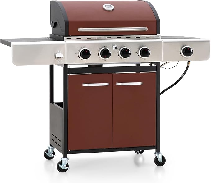 4-Burner Propane Gas BBQ Grill with Side Burner and Porcelain-Enameled Cast Iron Grates
