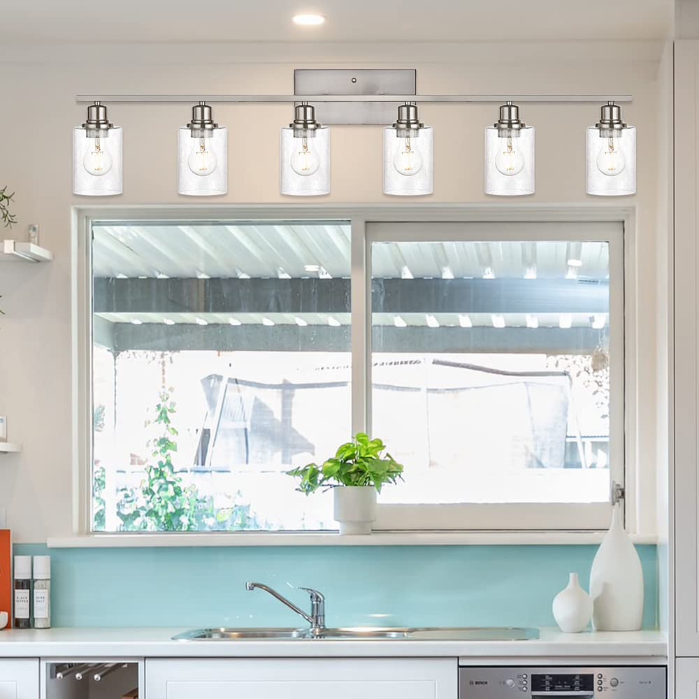 6 Light Brushed Nickel Wall Lighting with Seeded Glass Shade,Contemporary Bathroom Light