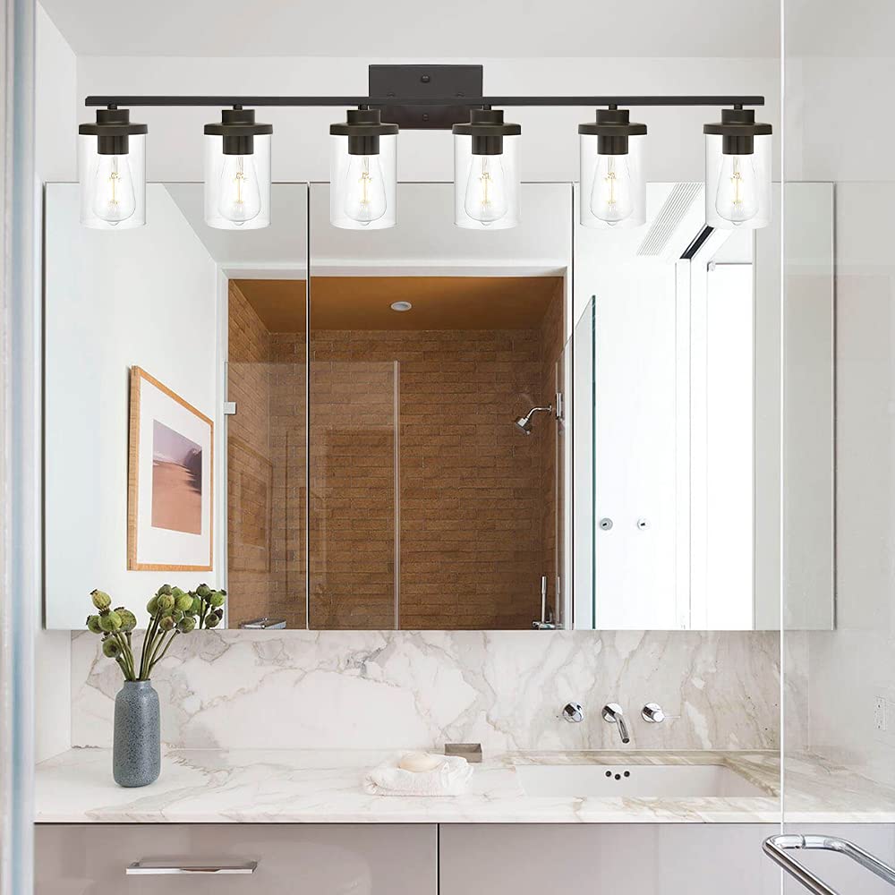 Farmhouse Vanity Lighting Fixtures Oil Rubbed Bronze 6 Light with Glass Shade Bathroom