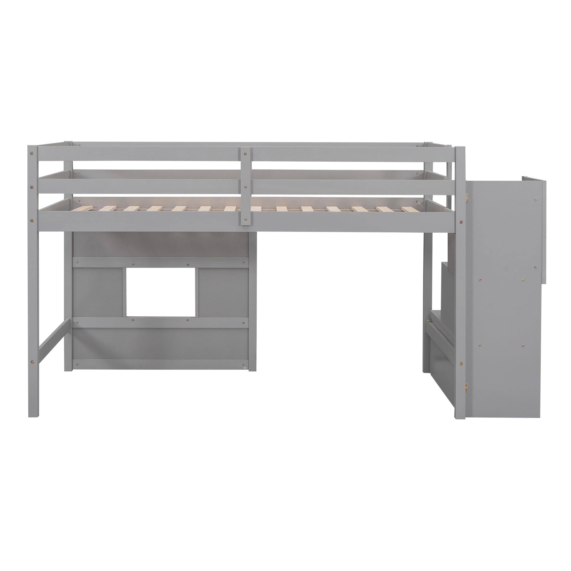 Low Loft Bed with Stairs, Twin Size Storage Loft Bed Frame with Staircase and Window