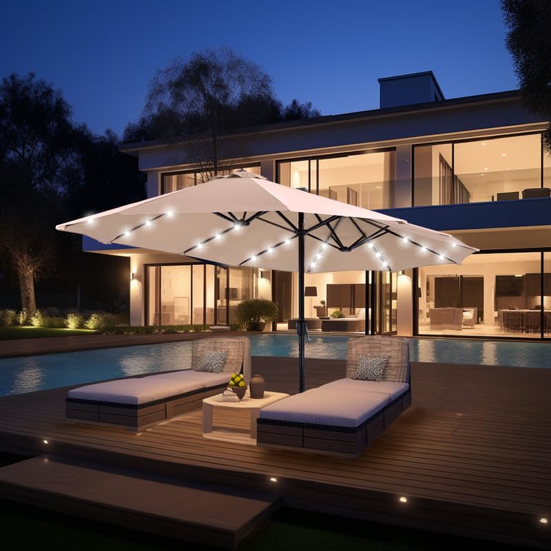 15 ft Rectangle Patio Umbrella with Solar Lights and Base Included