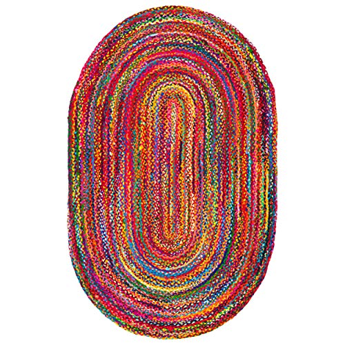 Braided Collection 5' x 8' Oval Red / Multi BRD210A Handmade Boho Reversible