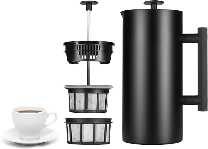 P6 32 Ounces French Press Coffee Maker, Double Walled Stainless Steel Insulated